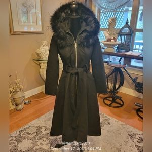 Bebe Wool Blend Full-Length Hooded Overcoat Faux Fur Lined NWOT #509